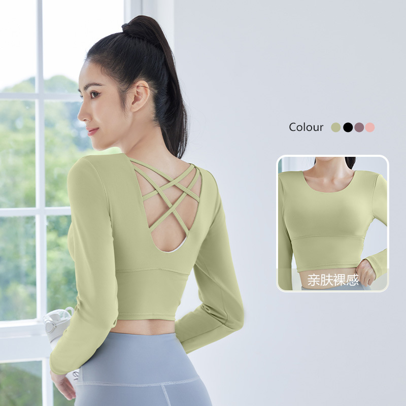 Peach-colored back cross bra with long sleeves