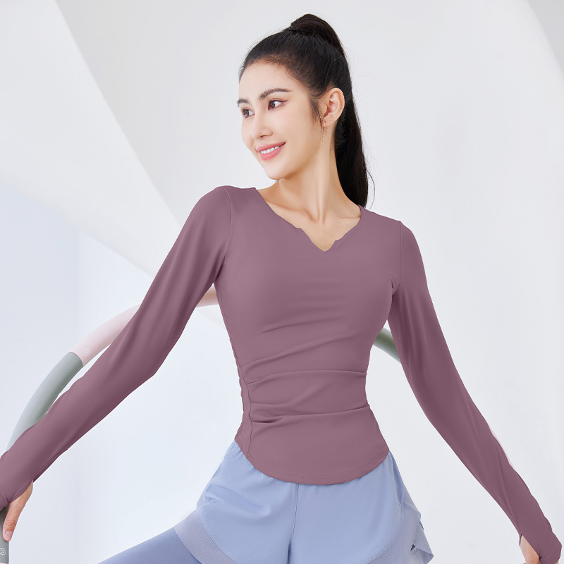 Peach V-neck long-sleeved shirt - texture close-up