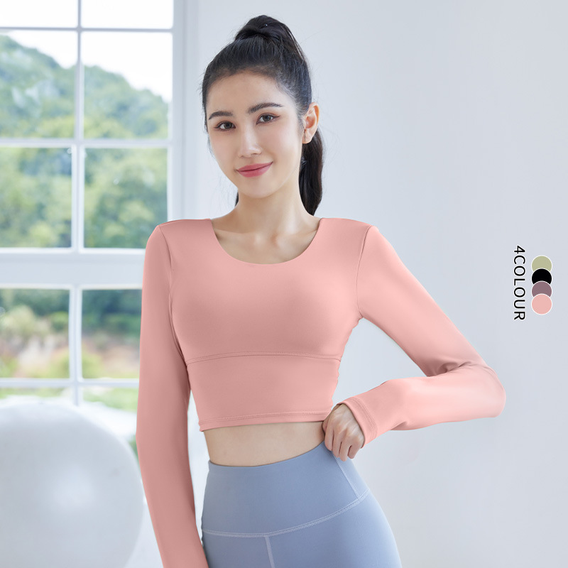 Peach-colored back cross bra with long sleeves - side view