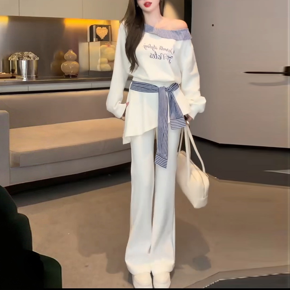 레트로 항구 바람 슬림해 보이는 패션 세트 여성 2026 봄 가을 새로운 셔츠 자카드 베스트 와이드 레그 팬츠 3종 세트 상세 이미지 5