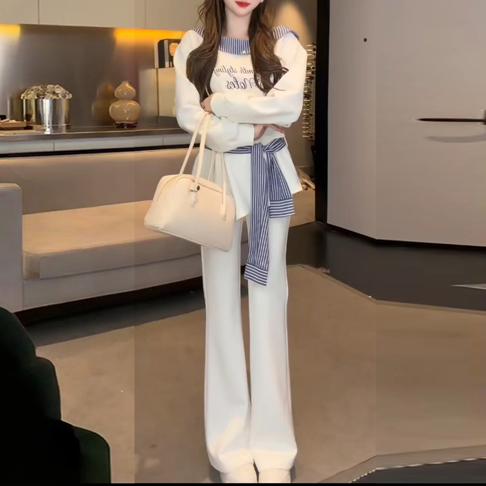 레트로 항구 바람 슬림해 보이는 패션 세트 여성 2026 봄 가을 새로운 셔츠 자카드 베스트 와이드 레그 팬츠 3종 세트 상세 이미지 3