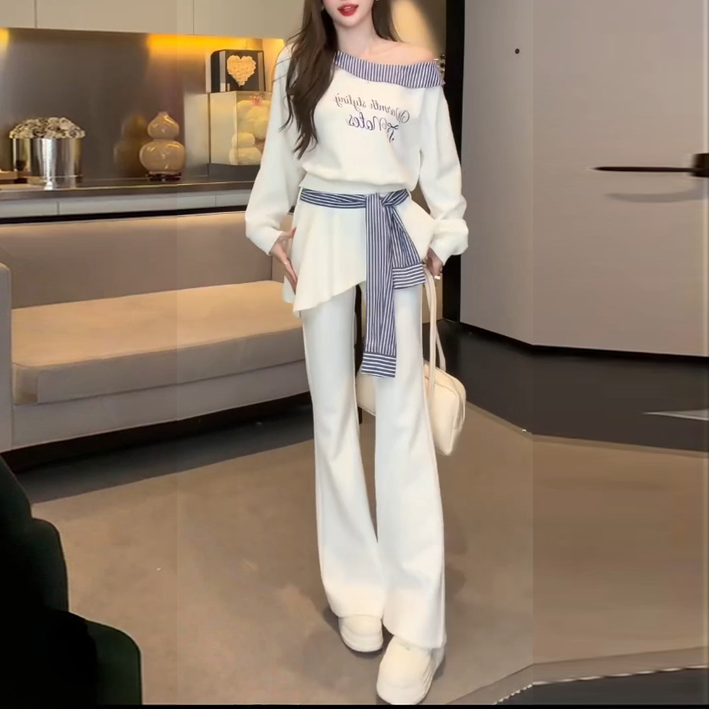 레트로 항구 바람 슬림해 보이는 패션 세트 여성 2026 봄 가을 새로운 셔츠 자카드 베스트 와이드 레그 팬츠 3종 세트 상세 이미지 4