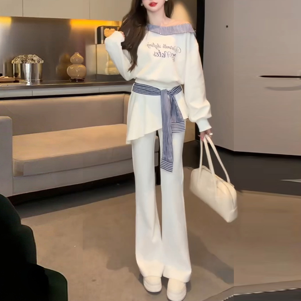 레트로 항구 바람 슬림해 보이는 패션 세트 여성 2026 봄 가을 새로운 셔츠 자카드 베스트 와이드 레그 팬츠 3종 세트 상세 이미지 2
