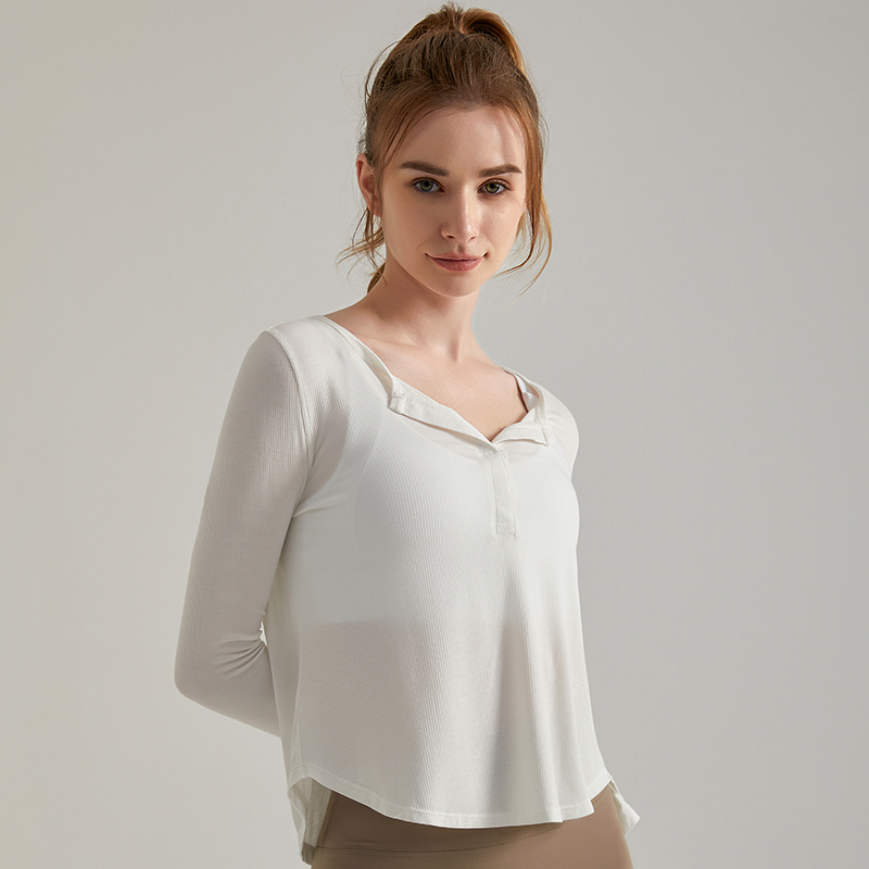 Spring yoga top with long sleeves, loose fit, quick-drying and breathable ribbed fabric, suitable for running, fitness and as an outer layer for yoga, women's style - view 6