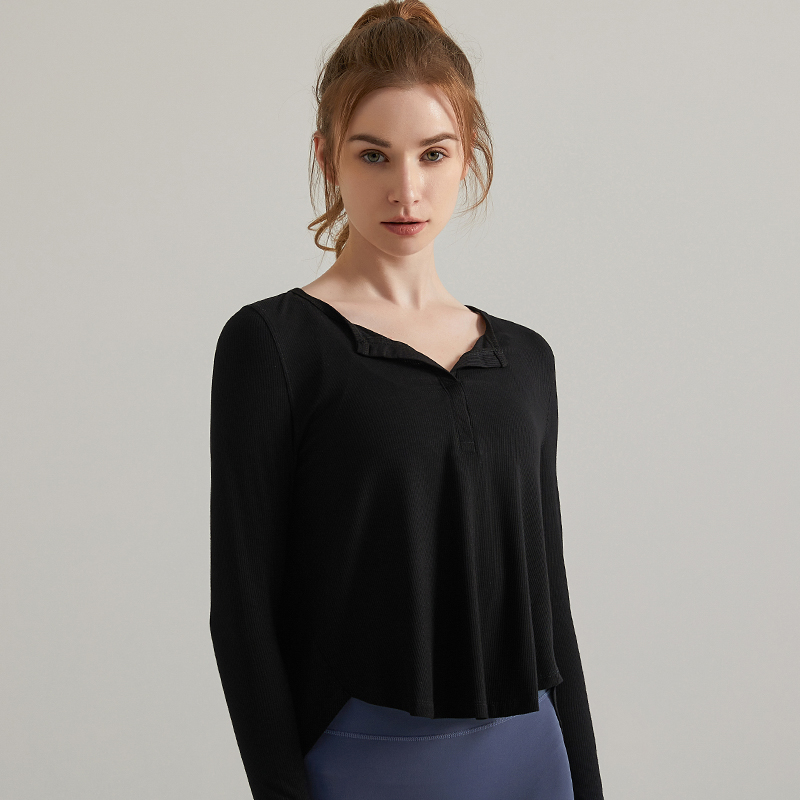 Spring yoga top with long sleeves, loose fit, quick-drying and breathable ribbed fabric, suitable for running, fitness and as an outer layer for yoga, women's style - view 7