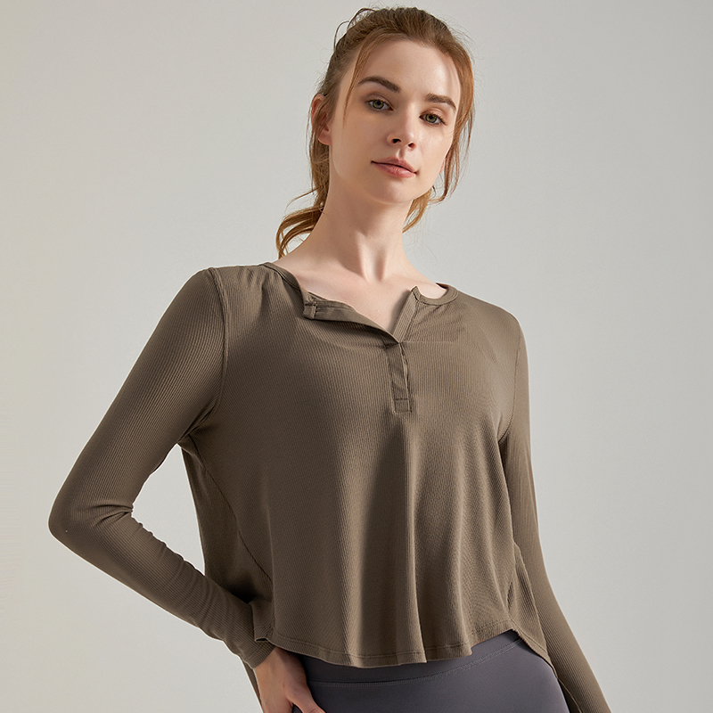Spring yoga top with long sleeves, loose fit, quick-drying and breathable ribbed fabric, suitable for running, fitness and as an outer layer for yoga, women's style - view 8