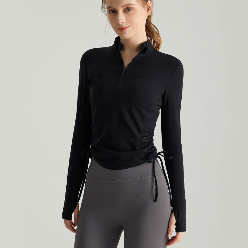 LAHN Autumn/Winter Yoga Long-Sleeved T-Shirt - Fashionally Fit, Quick-Drying, Buttoned Collar, Drawstring Hem, Wrinkled Sportswear - view 9