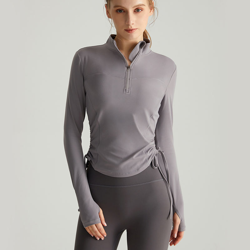 LAHN Autumn/Winter Yoga Long-Sleeved T-Shirt - Fashionally Fit, Quick-Drying, Buttoned Collar, Drawstring Hem, Wrinkled Sportswear - view 6