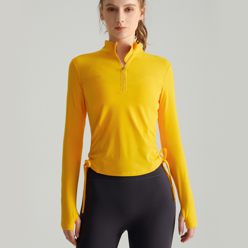 LAHN Autumn/Winter Yoga Long-Sleeved T-Shirt - Fashionally Fit, Quick-Drying, Buttoned Collar, Drawstring Hem, Wrinkled Sportswear - view 7