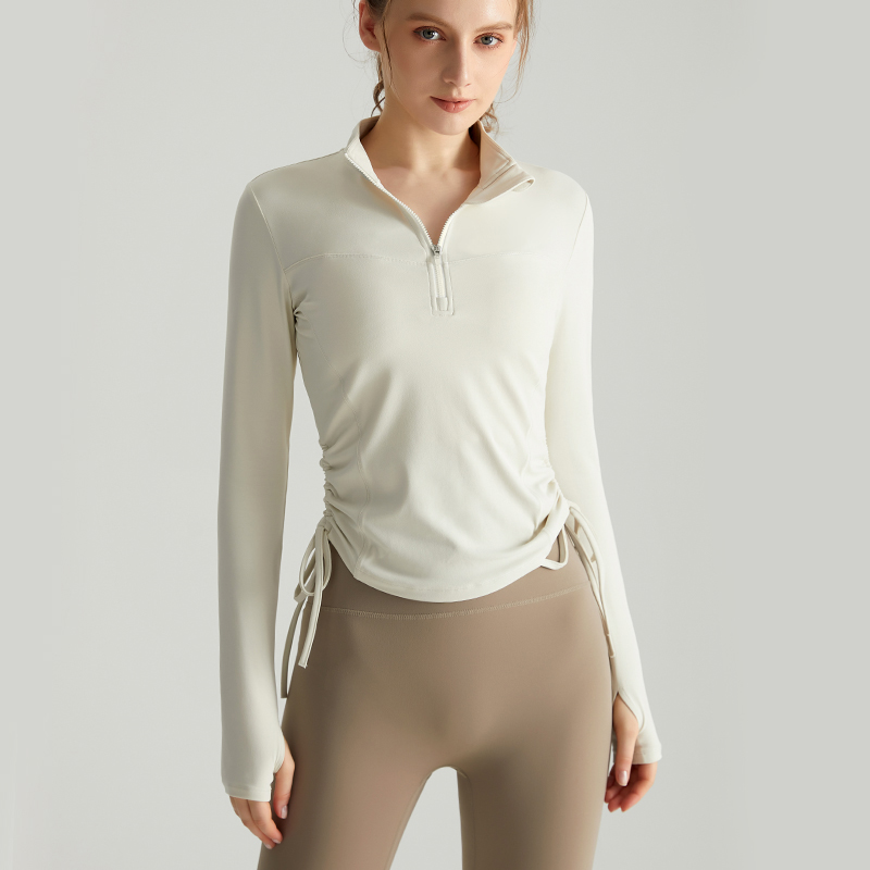 LAHN Autumn/Winter Yoga Long-Sleeved T-Shirt - Fashionally Fit, Quick-Drying, Buttoned Collar, Drawstring Hem, Wrinkled Sportswear - view 8
