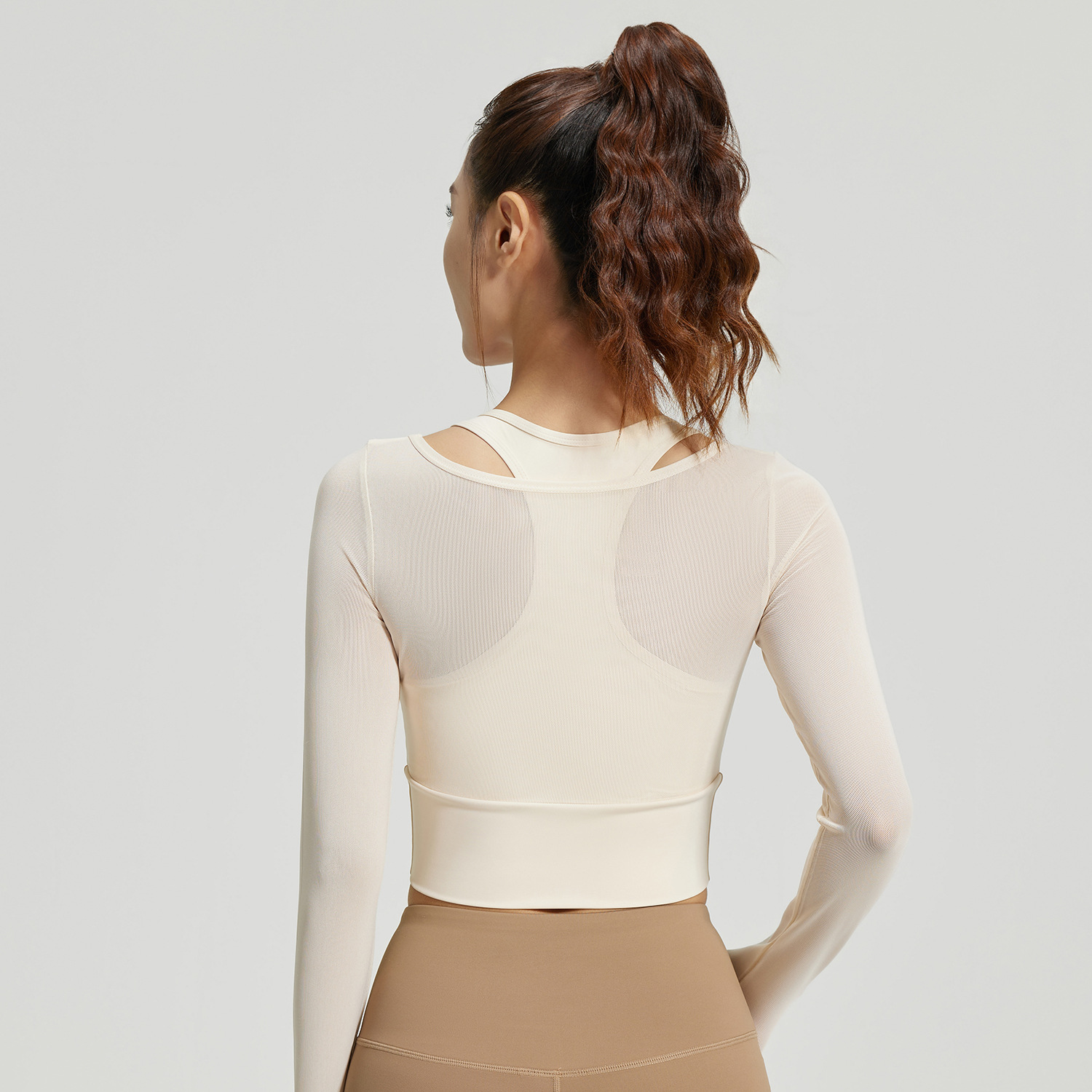 Peach net-silk false two-piece long-sleeved set - detail view