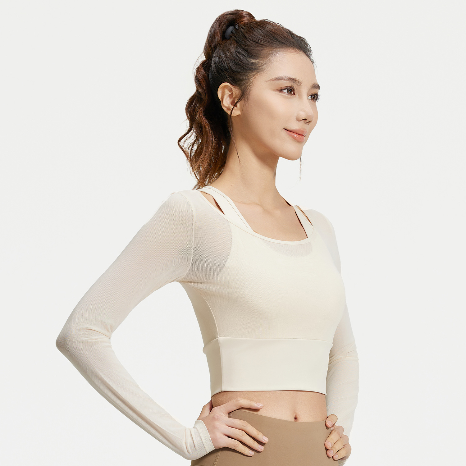 Peach net-silk false two-piece long-sleeved set - side view