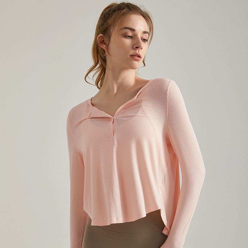 Spring yoga top with long sleeves, loose fit, quick-drying and breathable ribbed fabric, suitable for running, fitness and as an outer layer for yoga, women's style