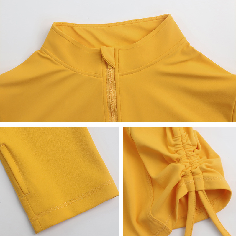 LAHN Autumn/Winter Yoga Long-Sleeved T-Shirt - Fashionally Fit, Quick-Drying, Buttoned Collar, Drawstring Hem, Wrinkled Sportswear - texture close-up