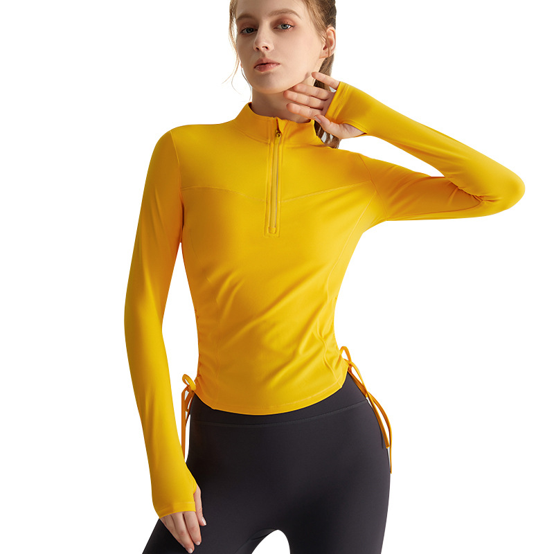 LAHN Autumn/Winter Yoga Long-Sleeved T-Shirt - Fashionally Fit, Quick-Drying, Buttoned Collar, Drawstring Hem, Wrinkled Sportswear - in-use view