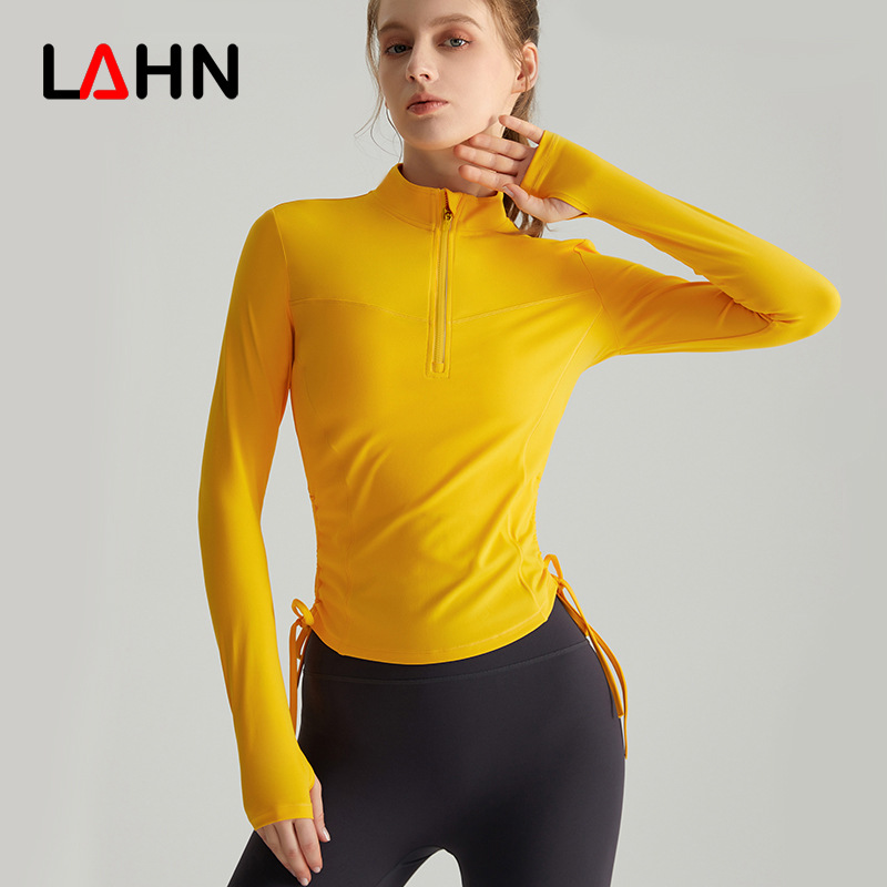LAHN Autumn/Winter Yoga Long-Sleeved T-Shirt - Fashionally Fit, Quick-Drying, Buttoned Collar, Drawstring Hem, Wrinkled Sportswear