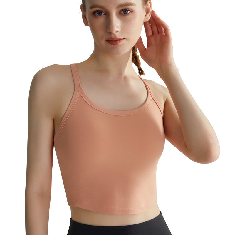 LAHN sports bra with thin shoulder straps, integrated fixed chest pad, outerwear style, \ - in-use view