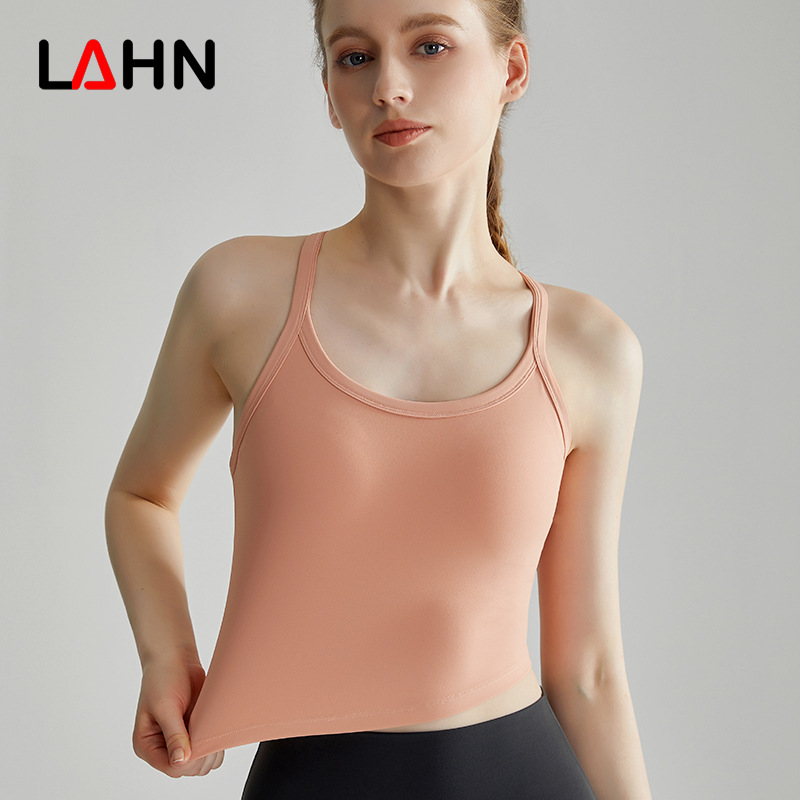 LAHN sports bra with thin shoulder straps, integrated fixed chest pad, outerwear style, \ - detail view