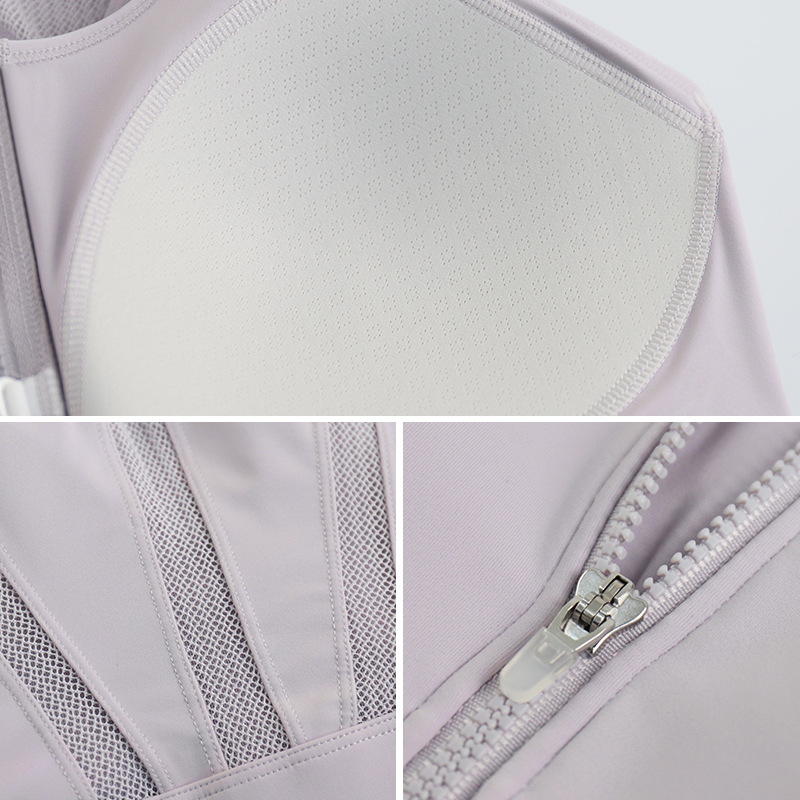 LAHN sports vest for women with fixed cups for fitness, with a beautiful back design, can be worn externally, made of quick-drying and breathable net fabric, with a front zipper. - detail view