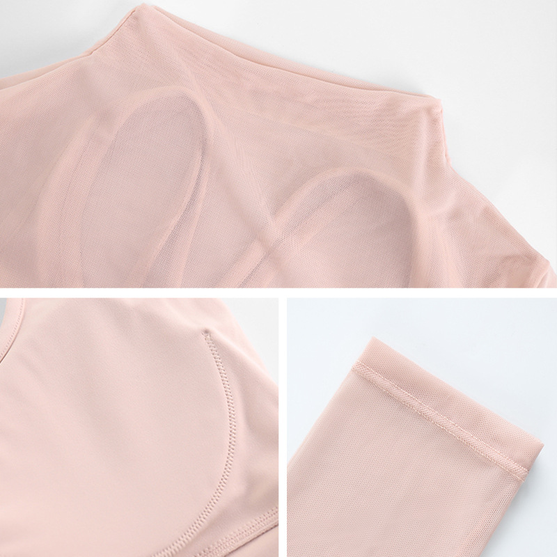 LAHN double-layer yoga top for women with built-in padding, featuring cross-over thin straps and stylish net fabric, providing breathability and long sleeves for fitness. Summer wear. - detail view