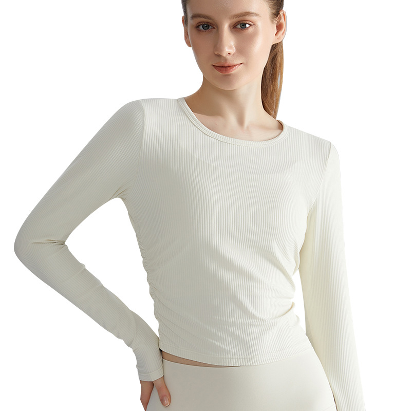 LAHN Summer Long-Sleeved Quick-Dry Shirt for Women - Breathable Lightweight Round Neck with Side Pleats for Shaping and Fit - Long Sleeve Fitness Shirt - in-use view