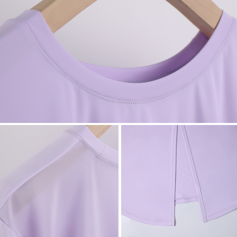 LAHN Women's Short-Sleeved Moisture-Wicking, Loose-Fitting, Breathable, Silk-like Cool-Feel, Sun-Protective, Back-Ankled Short-Sleeved Yoga Summer Top - detail view