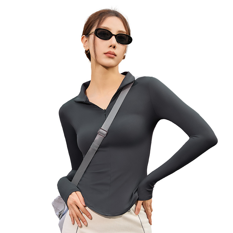 Peach cut fabric with half-zip long-sleeved shirt - in-use view
