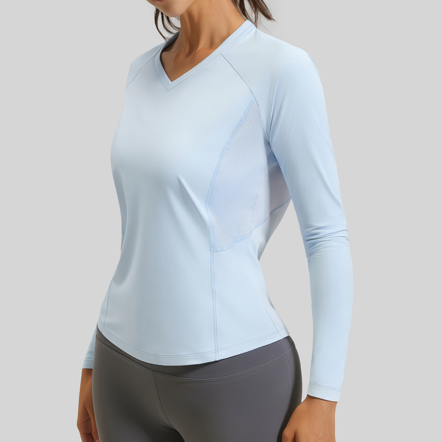 Back arc mesh V-neck long-sleeved shirt - texture close-up